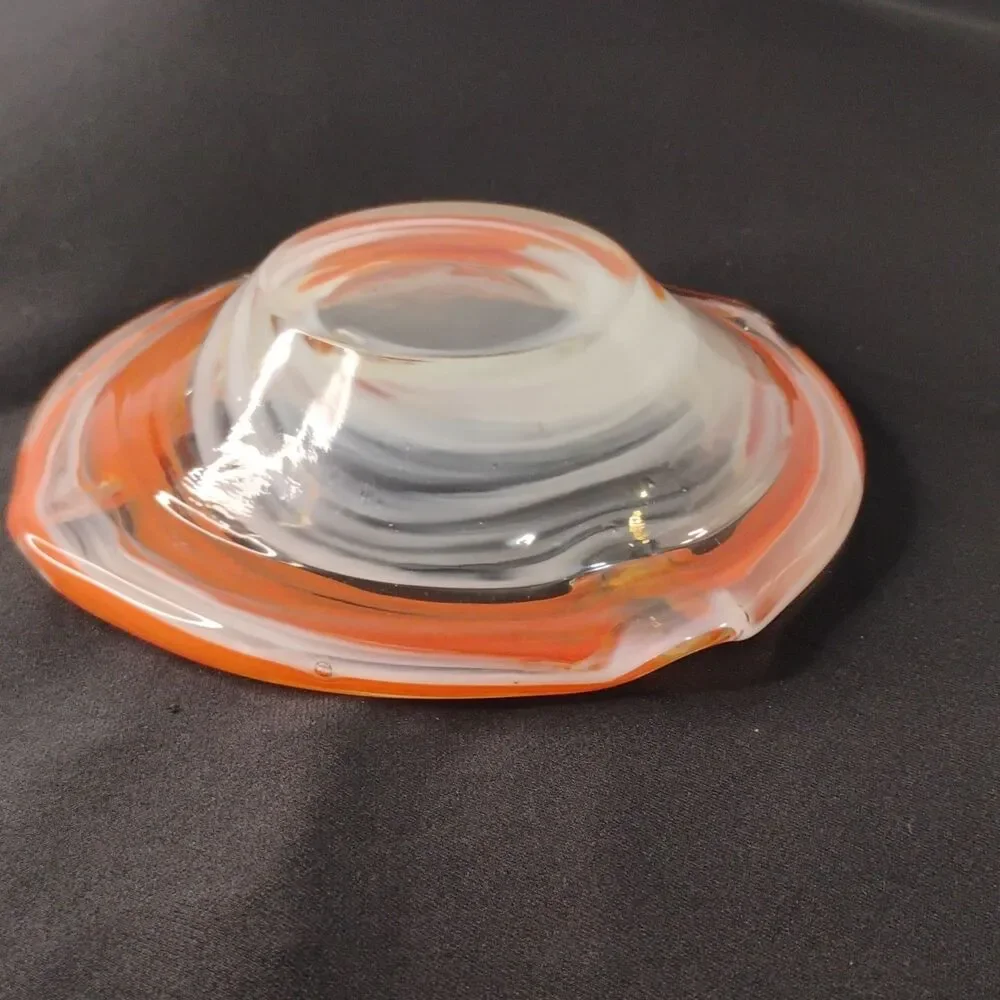 Vintage Hand Blown  Glass Round Ashtray Orange/ Wh Swirl  With Cigarette Stamper